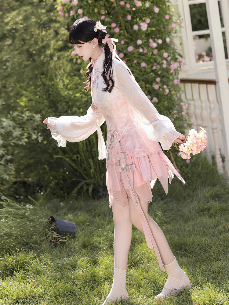 Women Spring Pink Qipao Set Cute-Style Dress