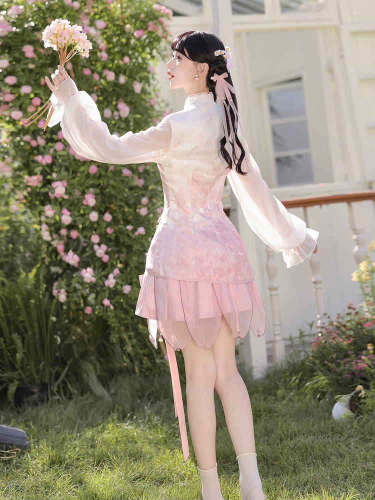 Women Spring Pink Qipao Set Cute-Style Dress