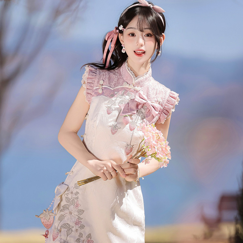 Women-Summer-Retro-Qipao-with-Chinese-Inspired-and-Strawberry-Themed-Casual-Set-1 Women Summer Retro Qipao with Chinese-Inspired and Strawberry-Themed Casual Set