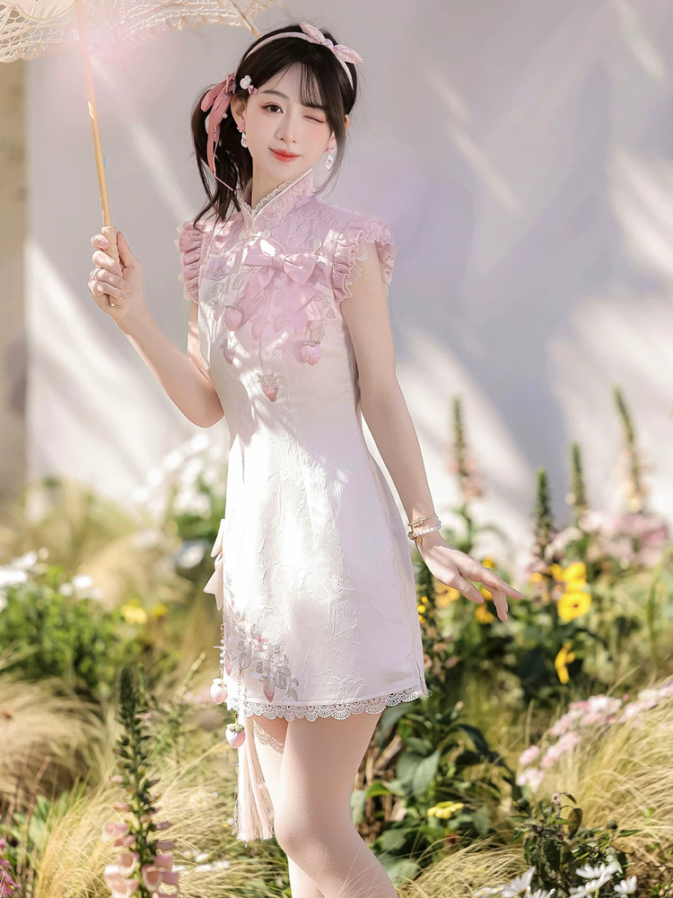 Women Summer Retro Qipao with Chinese-Inspired and Strawberry-Themed Casual Set