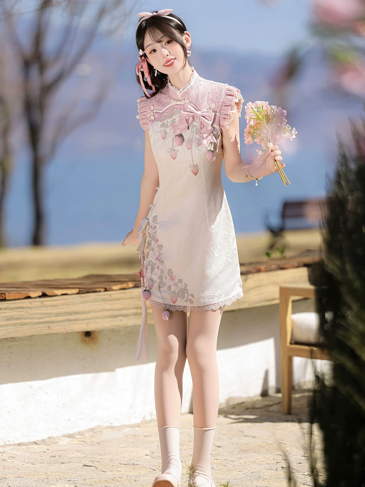 Women Summer Retro Qipao with Chinese-Inspired and Strawberry-Themed Casual Set