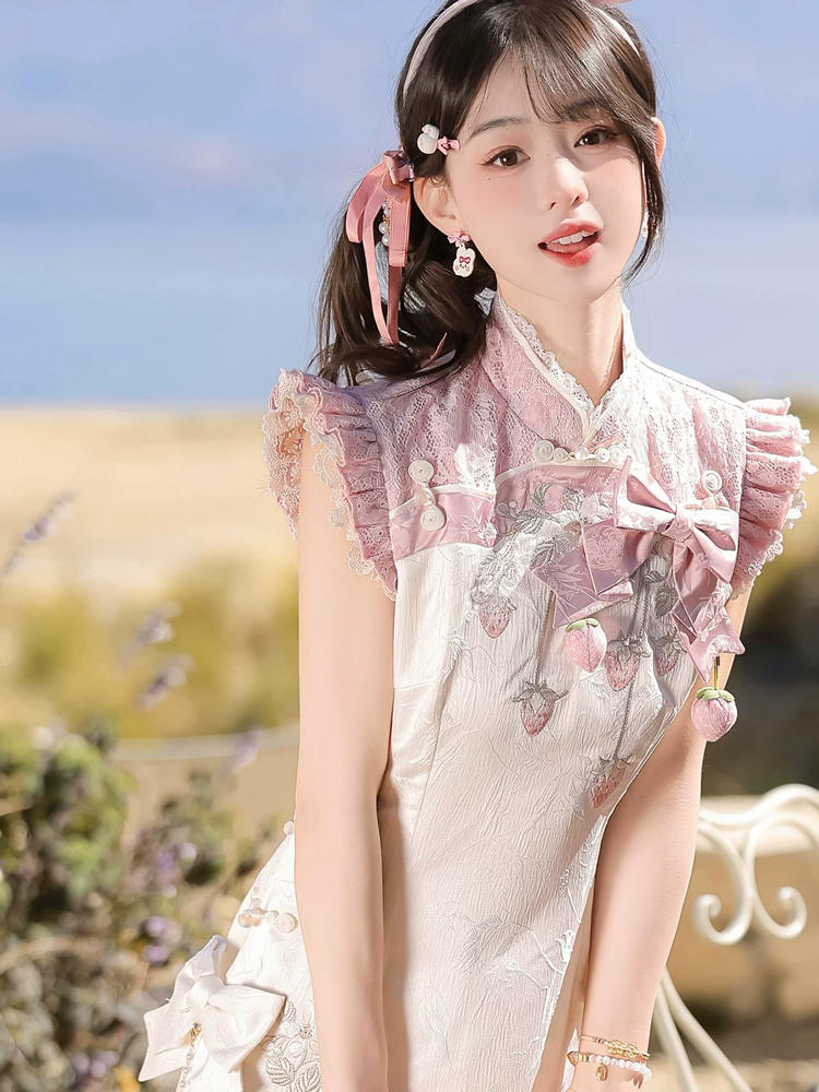 Women Summer Retro Qipao with Chinese-Inspired and Strawberry-Themed Casual Set