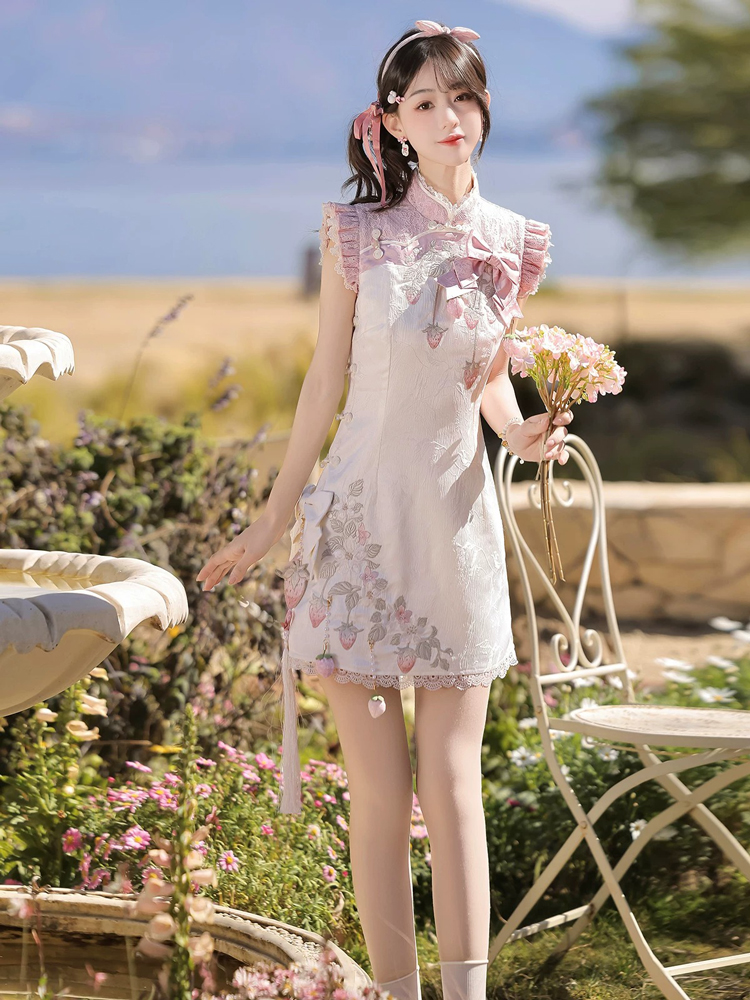 Women Summer Retro Qipao with Chinese-Inspired and Strawberry-Themed Casual Set