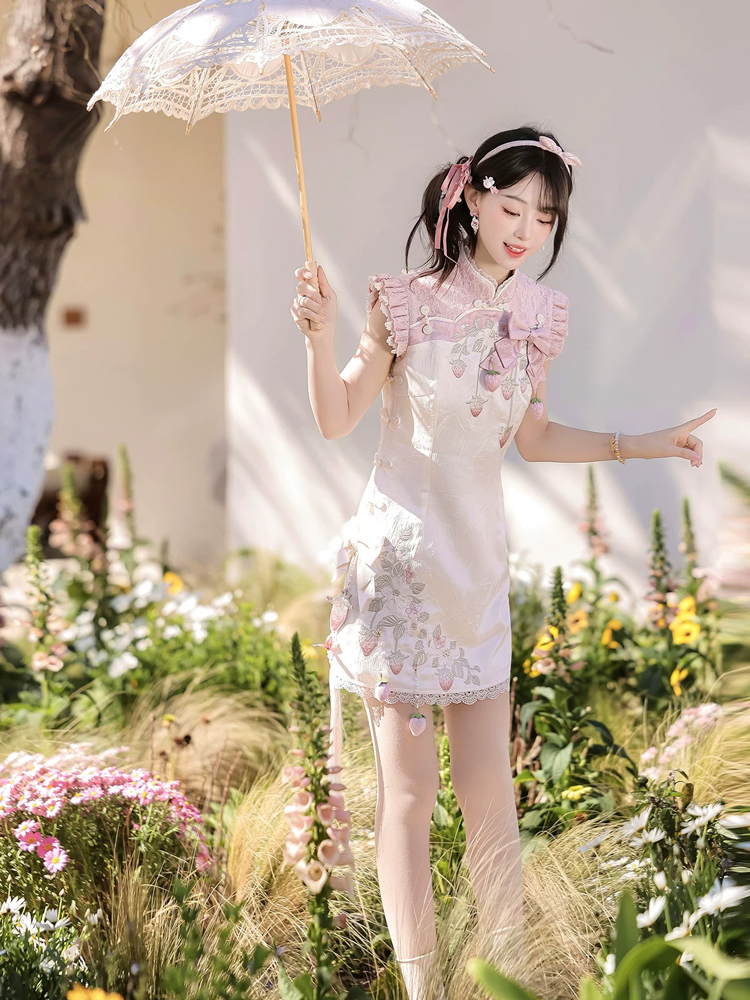Women Summer Retro Qipao with Chinese-Inspired and Strawberry-Themed Casual Set