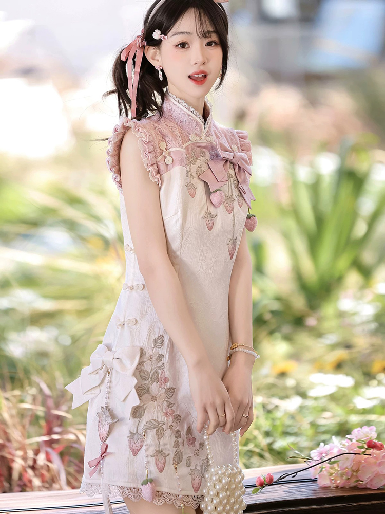 Women Summer Retro Qipao with Chinese-Inspired and Strawberry-Themed Casual Set