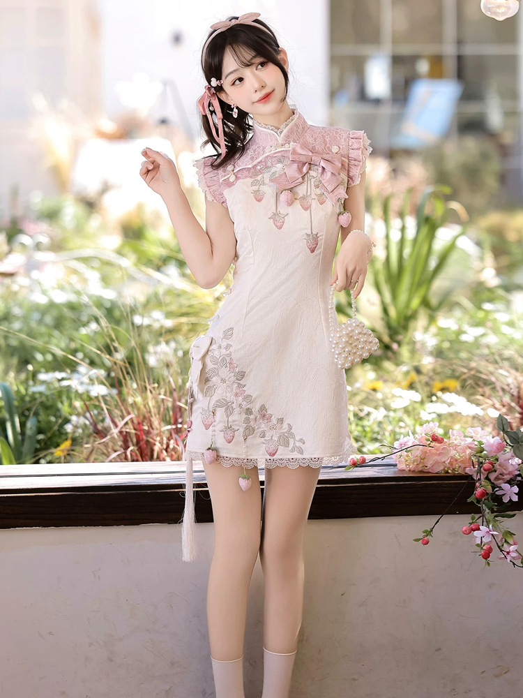 Women Summer Retro Qipao with Chinese-Inspired and Strawberry-Themed Casual Set
