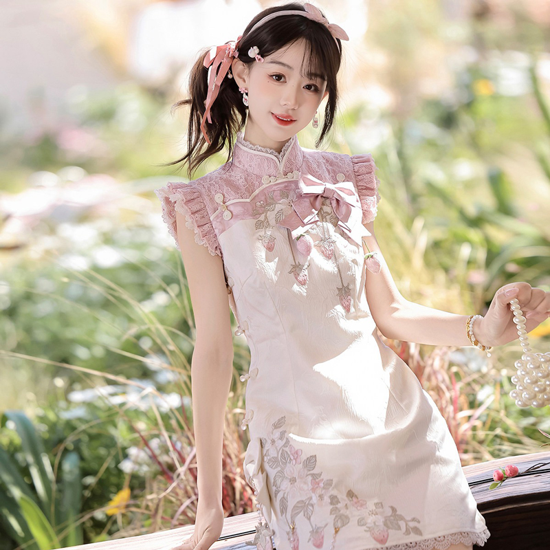 Women-Summer-Retro-Qipao-with-Chinese-Inspired-and-Strawberry-Themed-Casual-Set-2 Women Summer Retro Qipao with Chinese-Inspired and Strawberry-Themed Casual Set