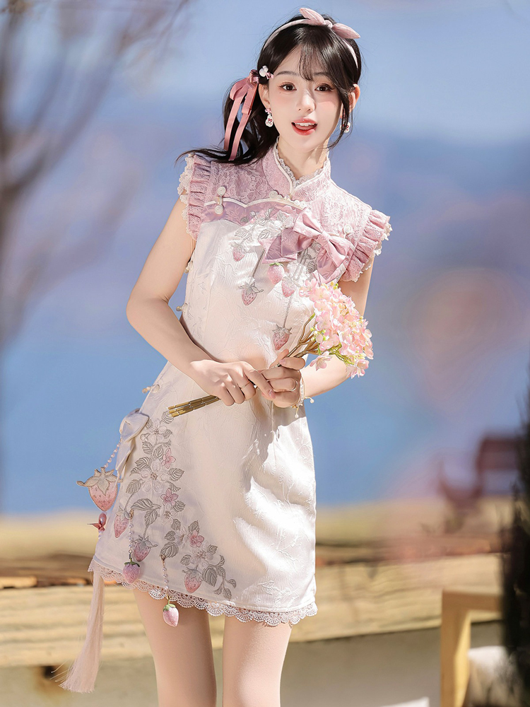 Women Summer Retro Qipao with Chinese-Inspired and Strawberry-Themed Casual Set