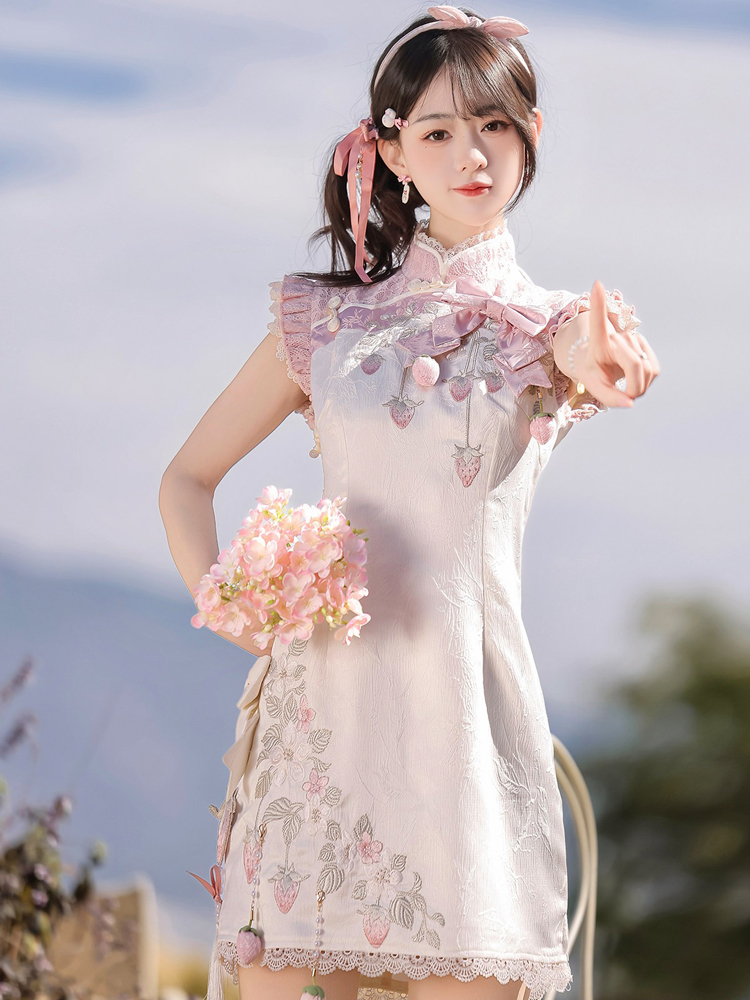 Women Summer Retro Qipao with Chinese-Inspired and Strawberry-Themed Casual Set